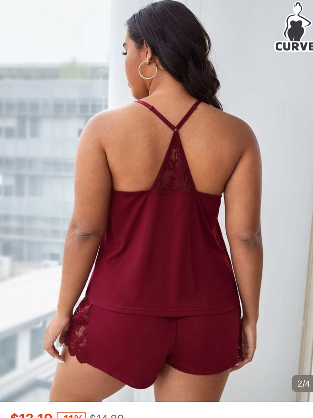 Lingerie Plus Size Burgundy Lace Trim Camisole Short Sleep Set pajamas sexy 0XL - Picture 2 of 2